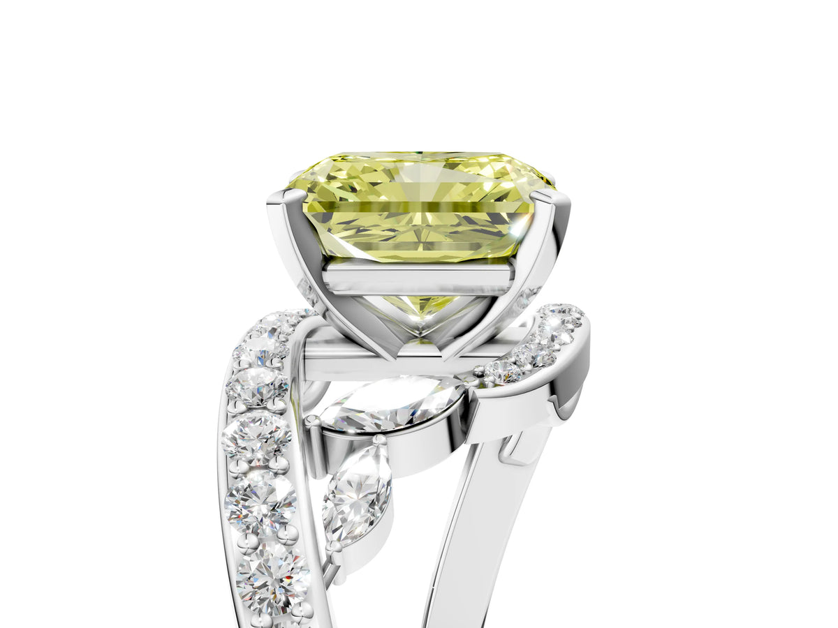 Fancy Yellow Radiant Cut Diamond Solitaire Ring in White gold with Pavé Twist Band and Prong Setting_5