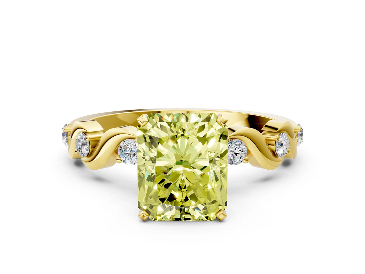 Fancy Yellow Radiant Cut Diamond Solitaire Ring in Yellow gold with Twisted Ribbon Band and Round Accents