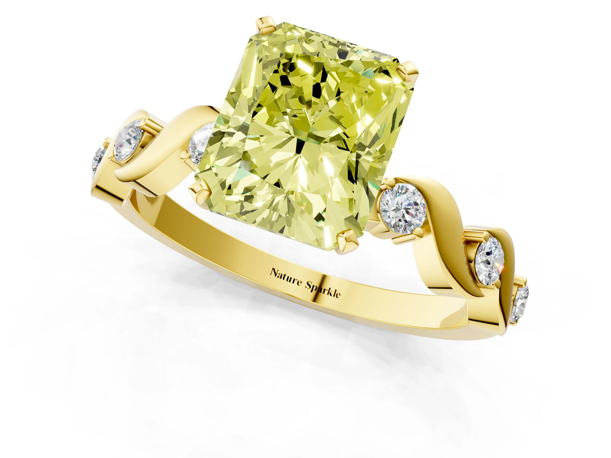 Fancy Yellow Radiant Cut Diamond Solitaire Ring in Yellow gold with Twisted Ribbon Band and Round Accents_1