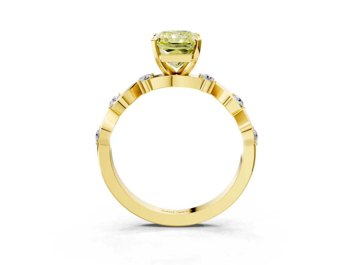 Fancy Yellow Radiant Cut Diamond Solitaire Ring in Yellow gold with Twisted Ribbon Band and Round Accents_3
