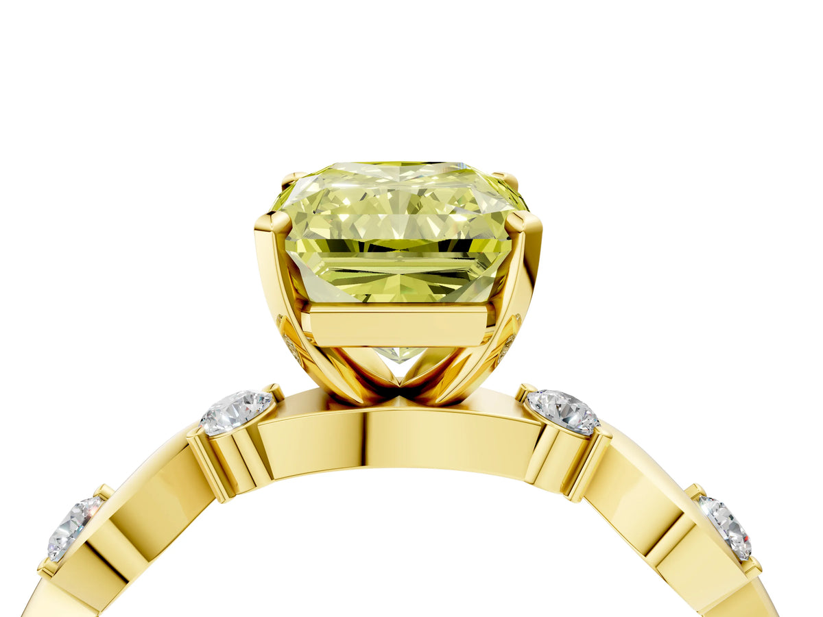 Fancy Yellow Radiant Cut Diamond Solitaire Ring in Yellow gold with Twisted Ribbon Band and Round Accents_4