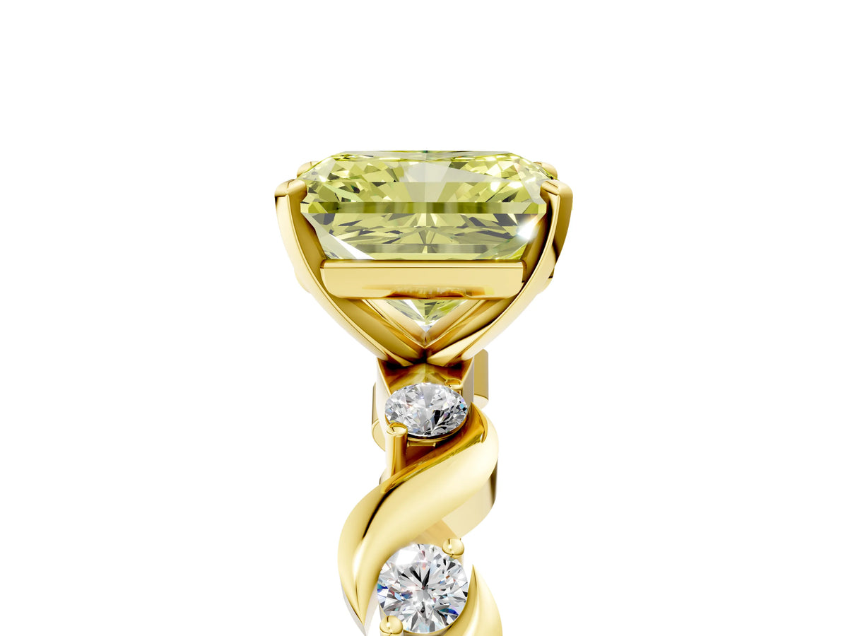 Fancy Yellow Radiant Cut Diamond Solitaire Ring in Yellow gold with Twisted Ribbon Band and Round Accents_5