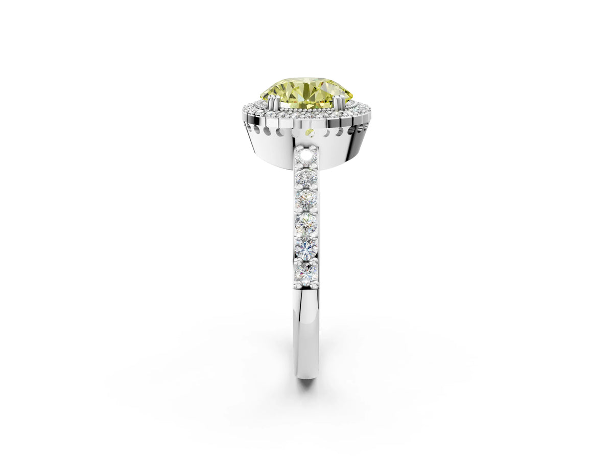 Fancy Yellow Round Cut Diamond Halo Engagement Ring in White gold with Milgrain Detail and Pavé Band_2