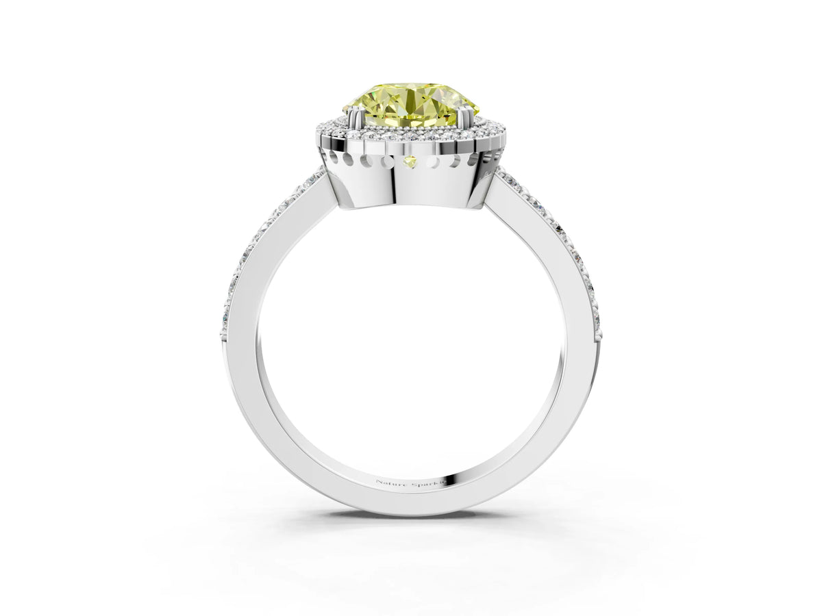 Fancy Yellow Round Cut Diamond Halo Engagement Ring in White gold with Milgrain Detail and Pavé Band_3