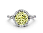 Fancy Yellow Round Cut Diamond Halo Engagement Ring in White gold with Milgrain Detail and Pavé Band