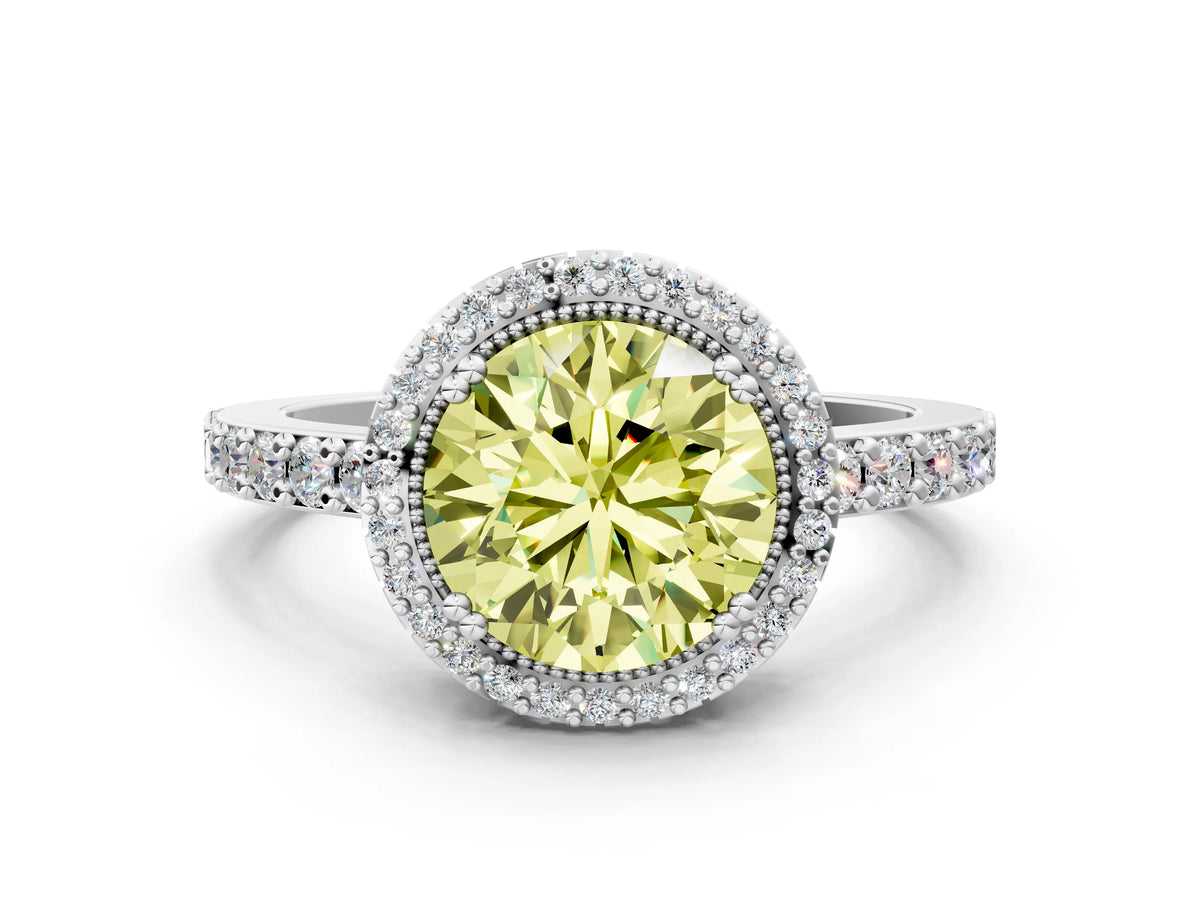 Fancy Yellow Round Cut Diamond Halo Engagement Ring in White gold with Milgrain Detail and Pavé Band