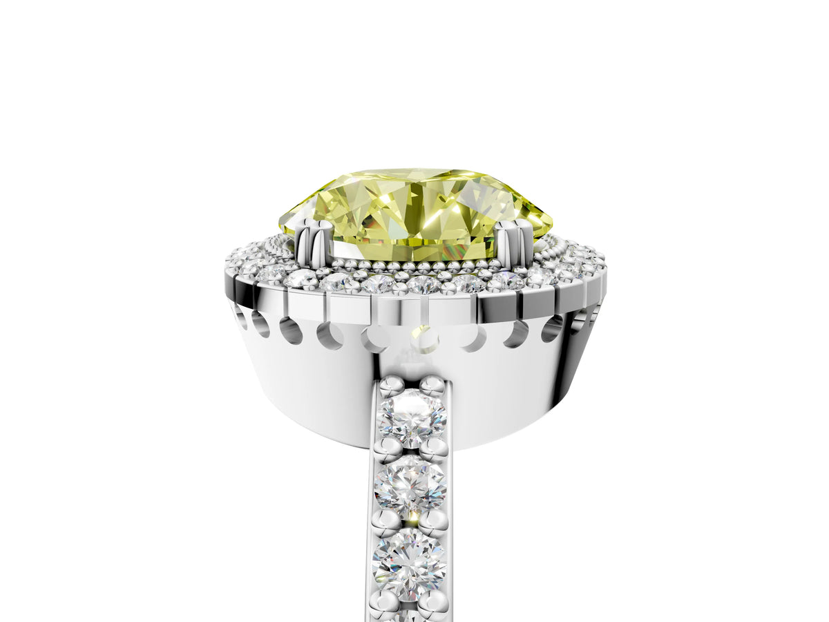 Fancy Yellow Round Cut Diamond Halo Engagement Ring in White gold with Milgrain Detail and Pavé Band_5