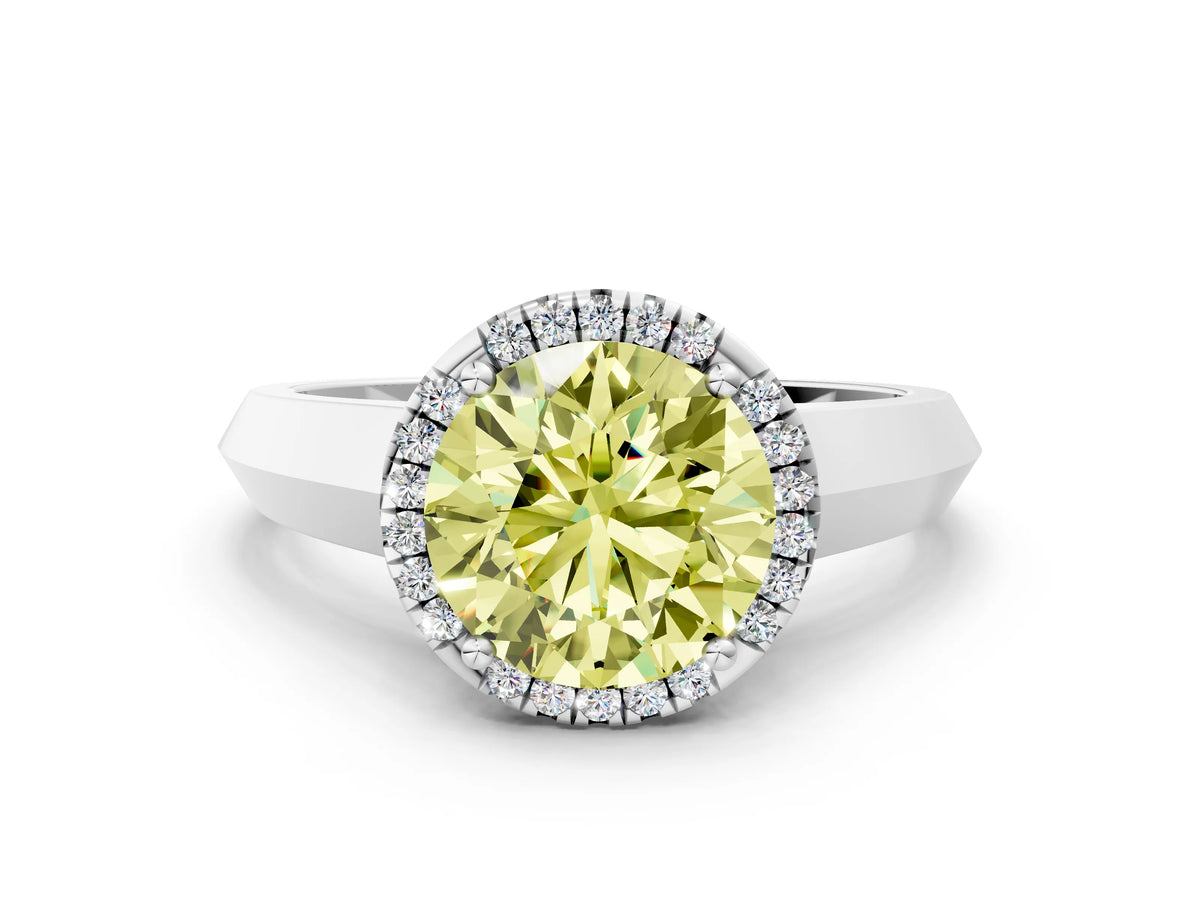 Fancy Yellow Round Cut Diamond Halo Ring in Platinum with Cathedral Band and Prong Setting_12