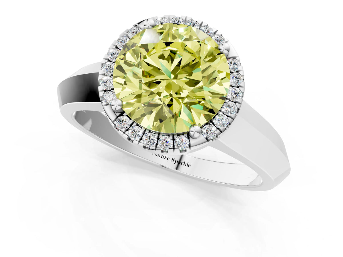 Fancy Yellow Round Cut Diamond Halo Ring in Platinum with Cathedral Band and Prong Setting_13