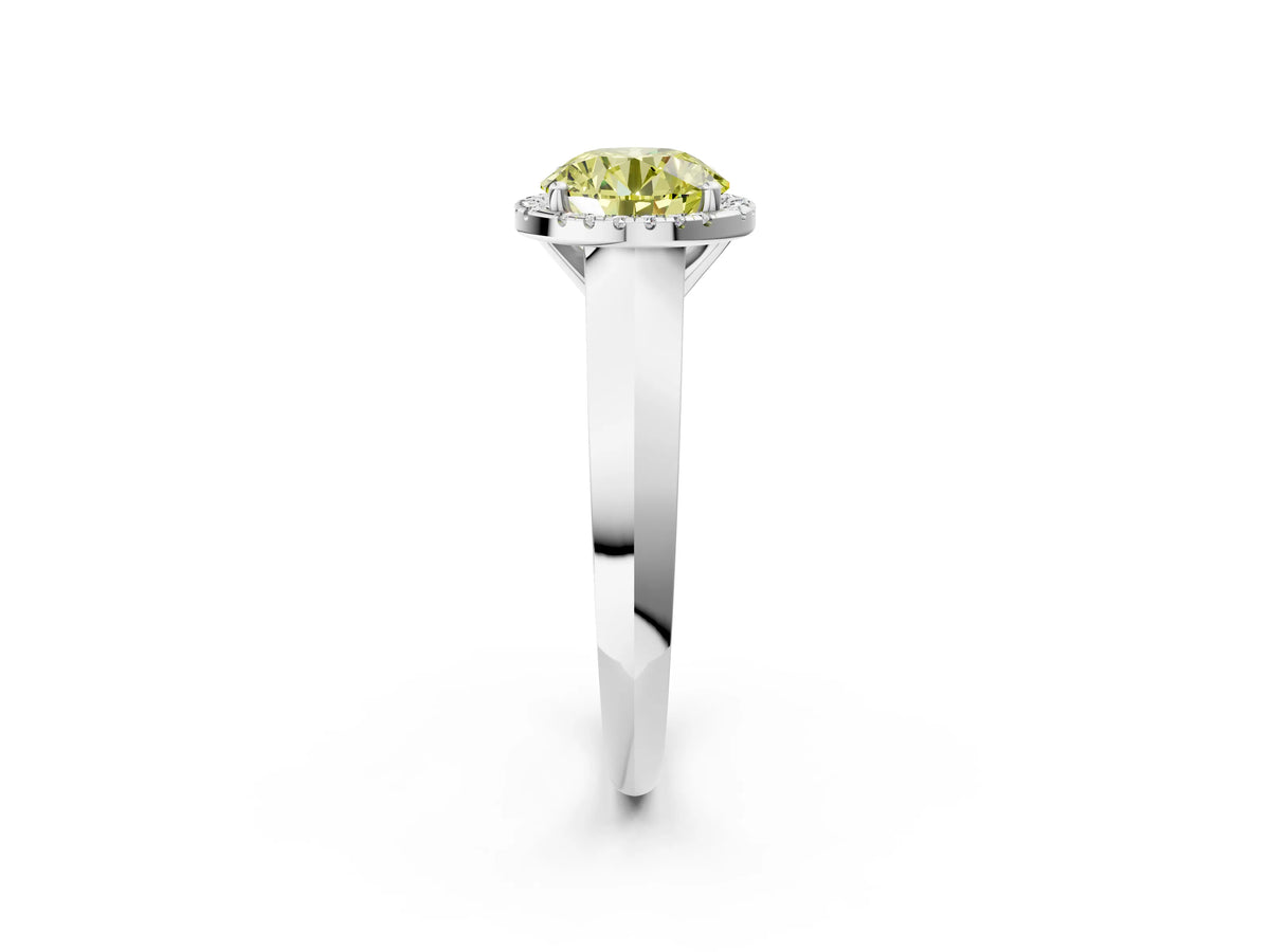 Fancy Yellow Round Cut Diamond Halo Ring in Platinum with Cathedral Band and Prong Setting_14