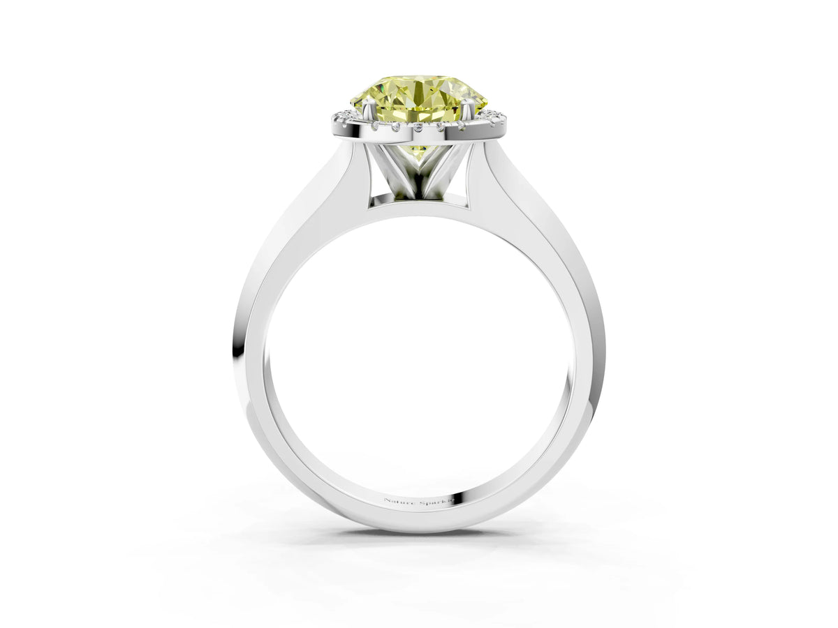 Fancy Yellow Round Cut Diamond Halo Ring in Platinum with Cathedral Band and Prong Setting_15