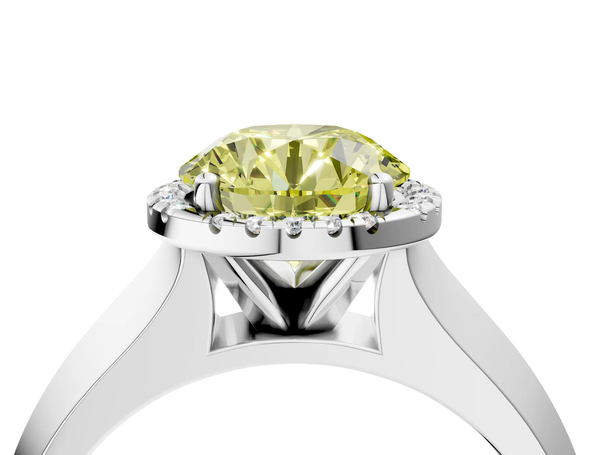 Fancy Yellow Round Cut Diamond Halo Ring in Platinum with Cathedral Band and Prong Setting_16