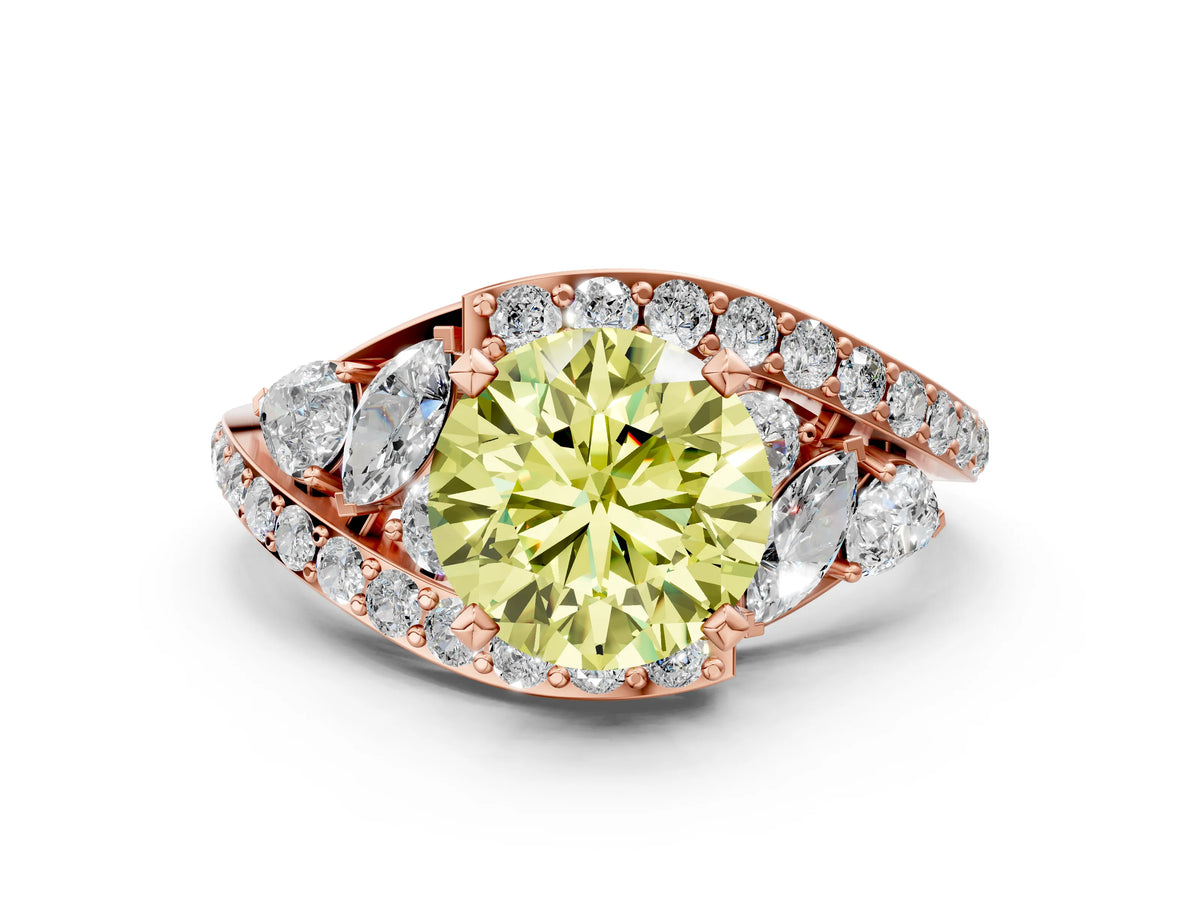 Fancy Yellow Round Cut Diamond Halo Ring in Rose gold with Marquise and Pavé Band in Prong Setting