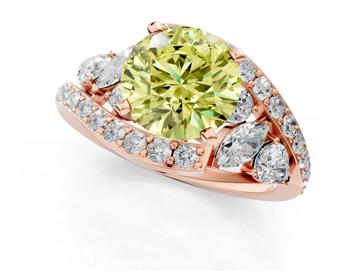 Fancy Yellow Round Cut Diamond Halo Ring in Rose gold with Marquise and Pavé Band in Prong Setting_1