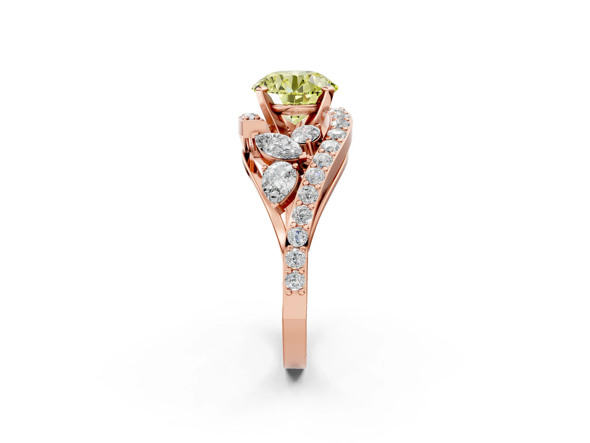Fancy Yellow Round Cut Diamond Halo Ring in Rose gold with Marquise and Pavé Band in Prong Setting_2