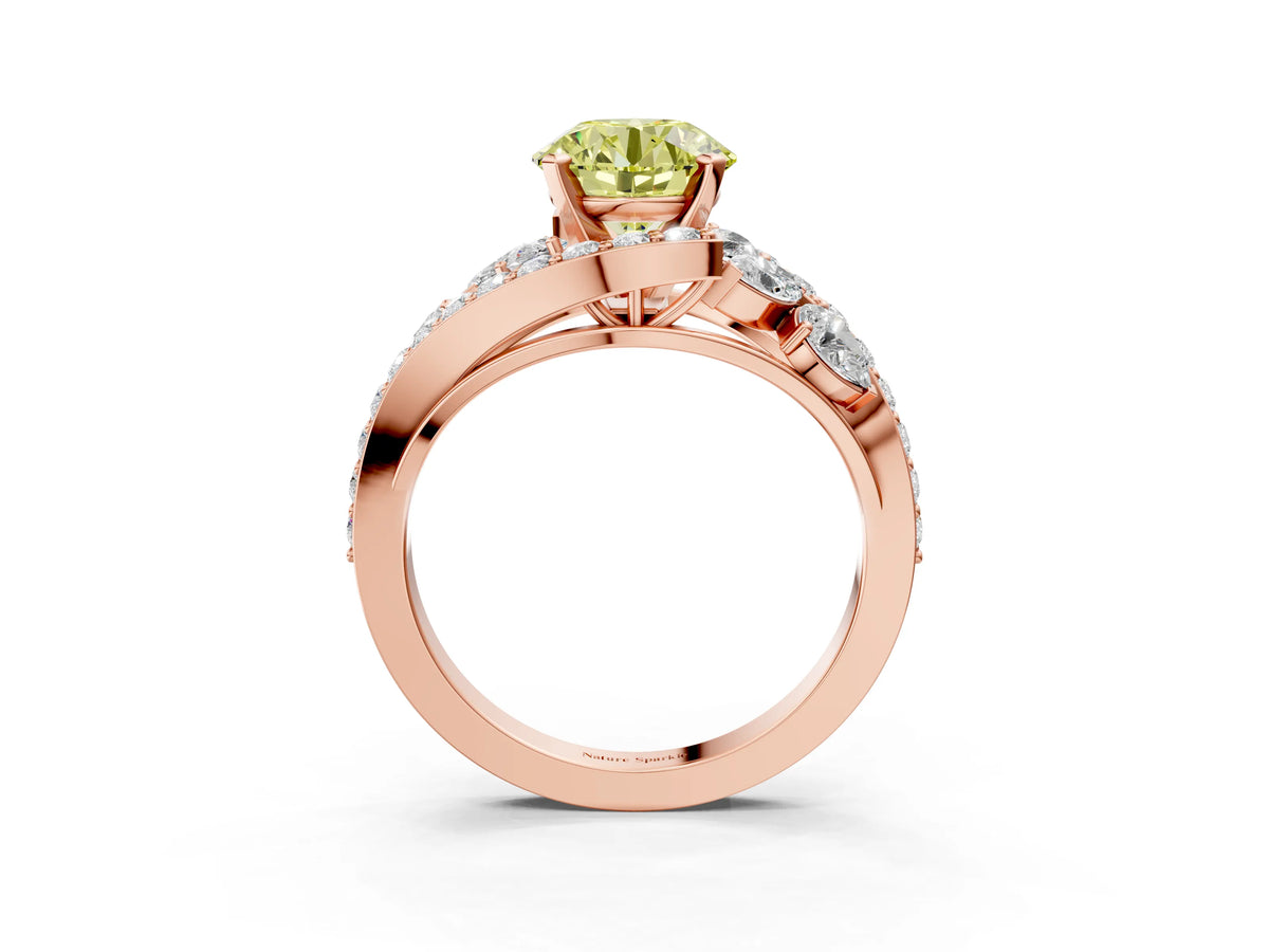 Fancy Yellow Round Cut Diamond Halo Ring in Rose gold with Marquise and Pavé Band in Prong Setting_3