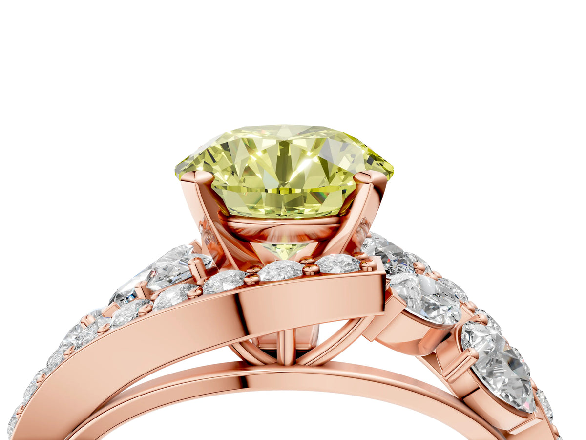 Fancy Yellow Round Cut Diamond Halo Ring in Rose gold with Marquise and Pavé Band in Prong Setting_4