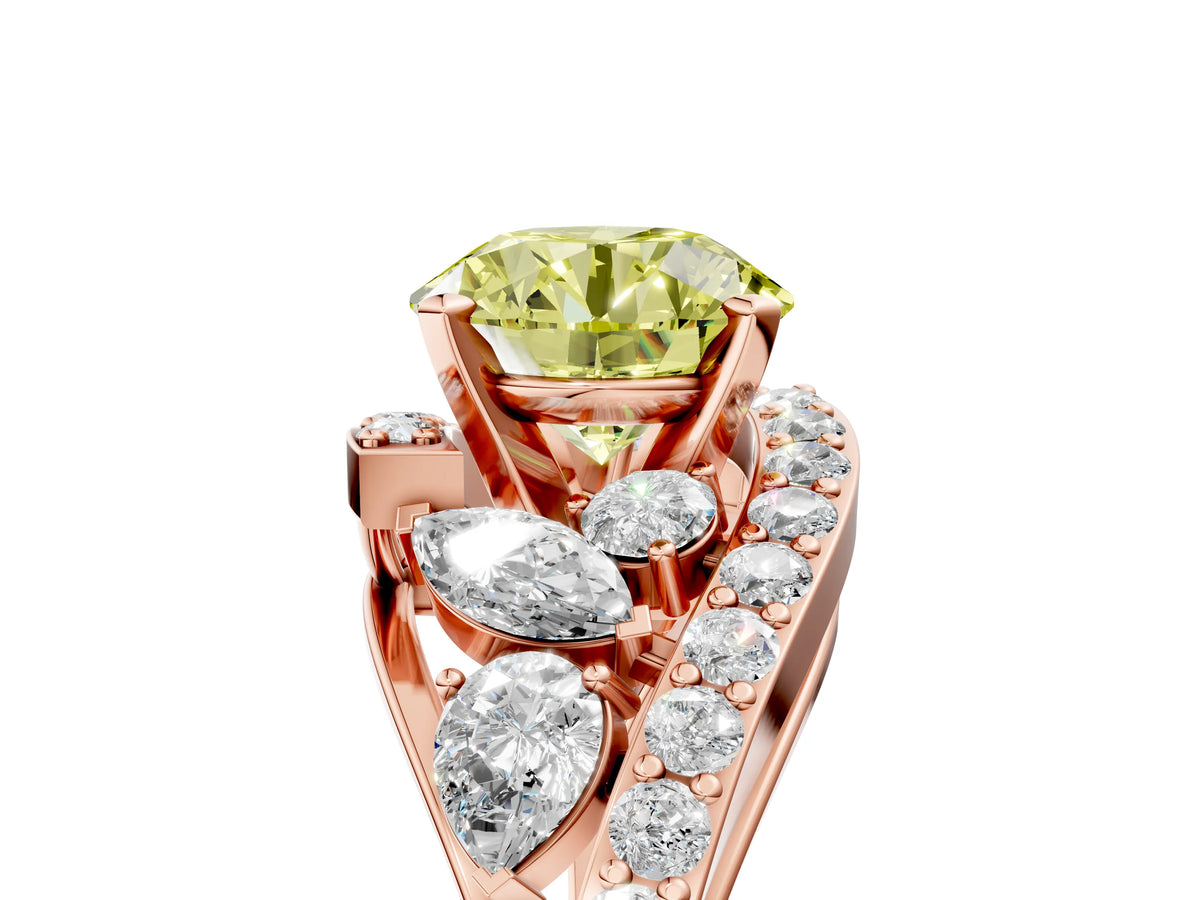 Fancy Yellow Round Cut Diamond Halo Ring in Rose gold with Marquise and Pavé Band in Prong Setting_5