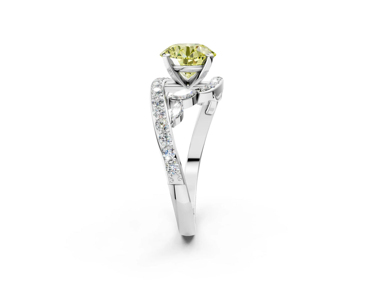 Fancy Yellow Round Cut Diamond Solitaire Ring in Platinum with Pavé Twist Band and Prong Setting_8