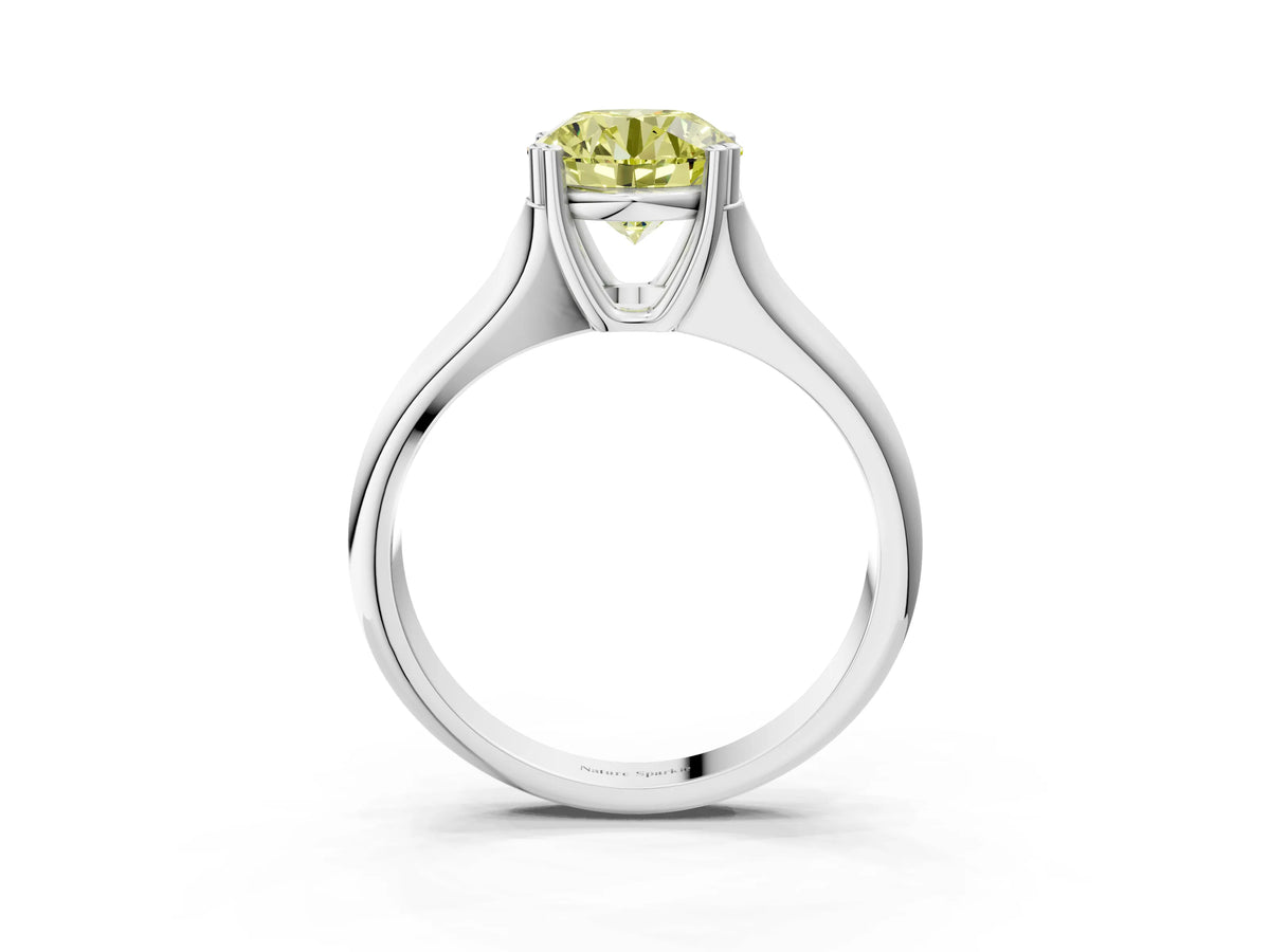 Fancy Yellow Round Cut Diamond Solitaire Ring in Platinum with Smooth Wide Band and Prong Setting_15