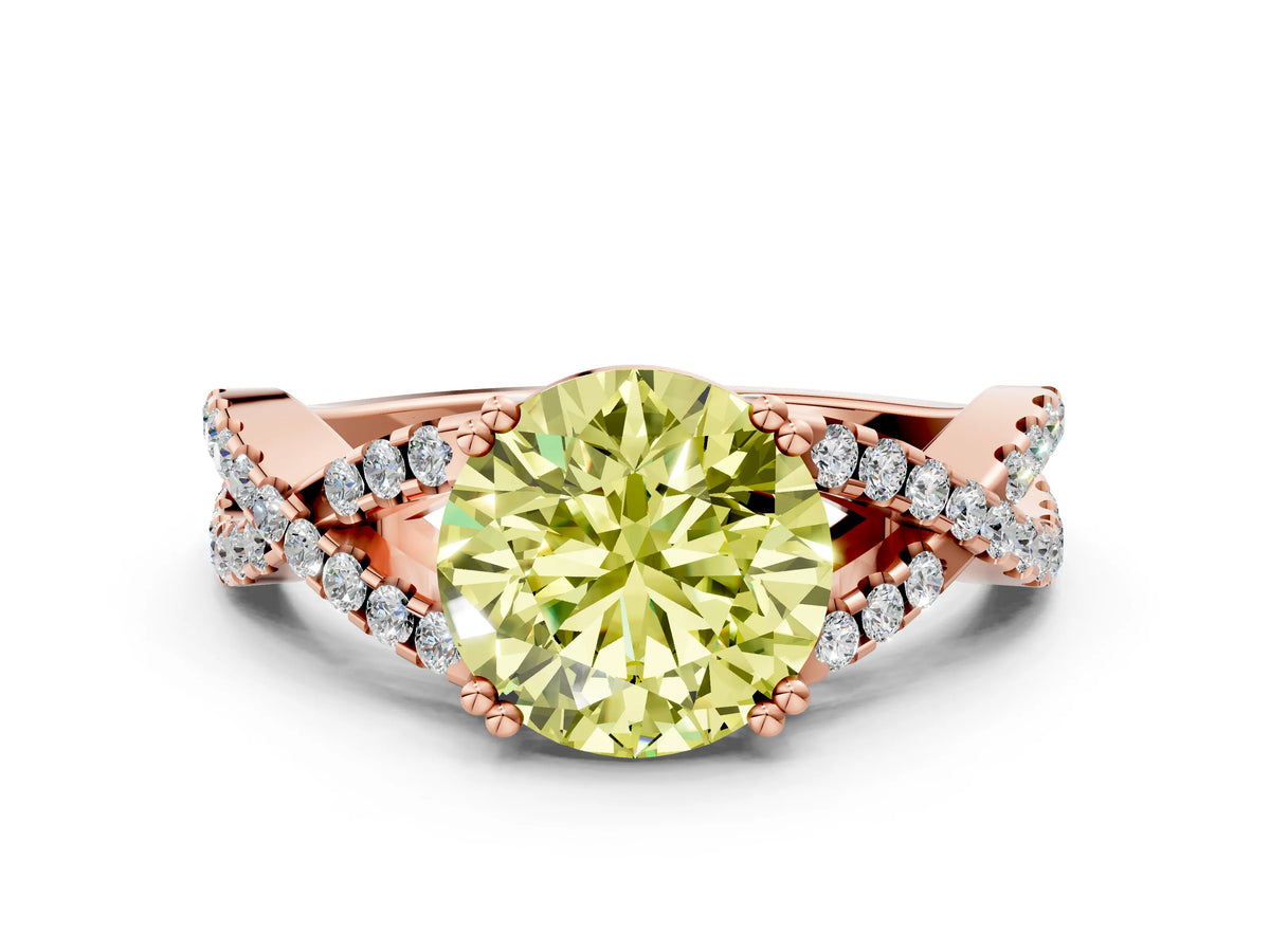 Fancy Yellow Round Cut Diamond Solitaire Ring in Rose gold with Interwoven Pavé Band and Prong Setting