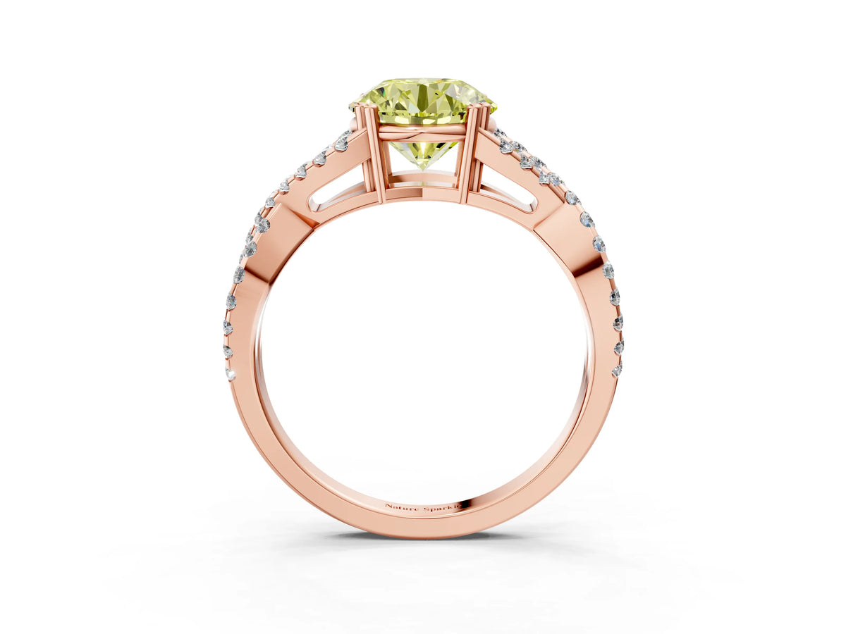 Fancy Yellow Round Cut Diamond Solitaire Ring in Rose gold with Interwoven Pavé Band and Prong Setting_3