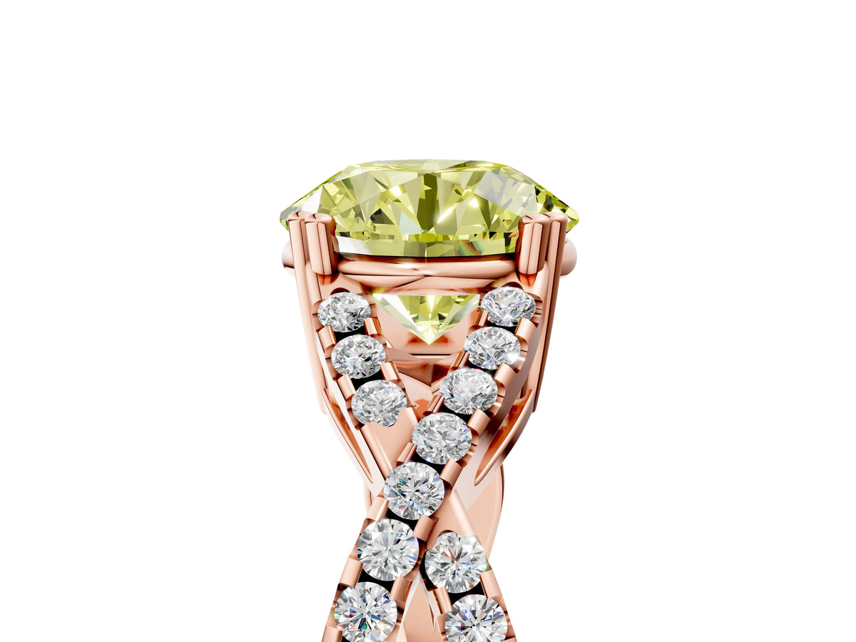 Fancy Yellow Round Cut Diamond Solitaire Ring in Rose gold with Interwoven Pavé Band and Prong Setting_5