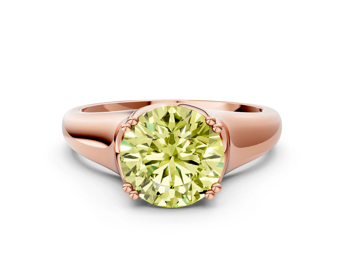 Fancy Yellow Round Cut Diamond Solitaire Ring in Rose gold with Smooth Wide Band and Prong Setting