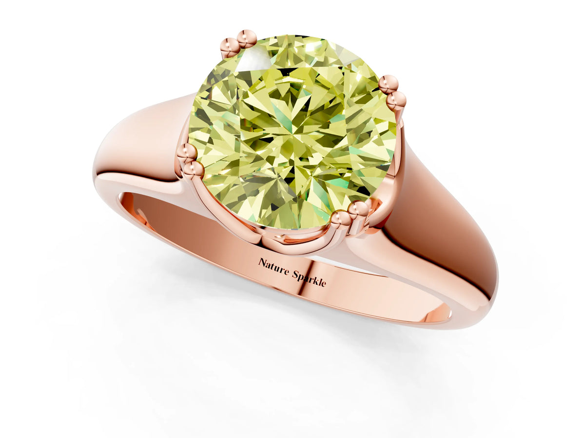 Fancy Yellow Round Cut Diamond Solitaire Ring in Rose gold with Smooth Wide Band and Prong Setting_1