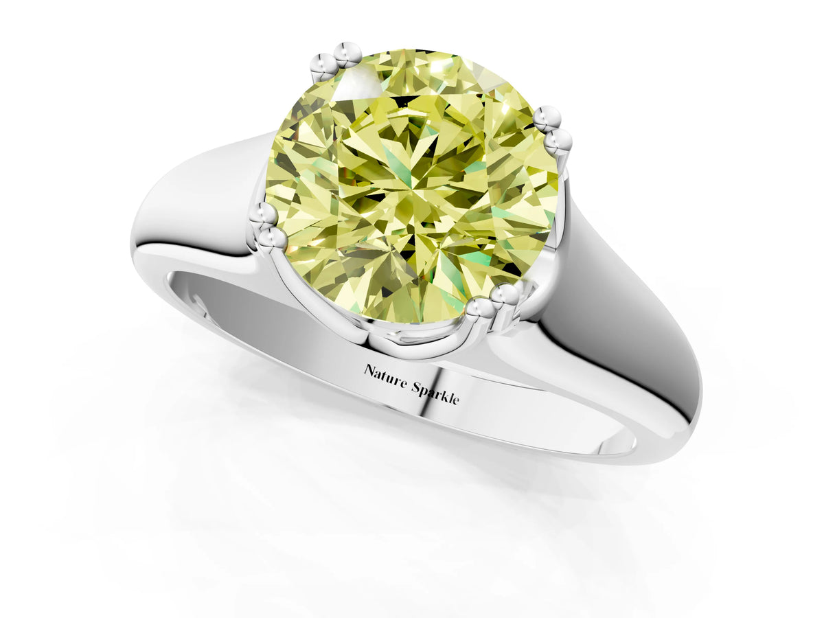 Fancy Yellow Round Cut Diamond Solitaire Ring in Silver with Smooth Wide Band and Prong Setting_13
