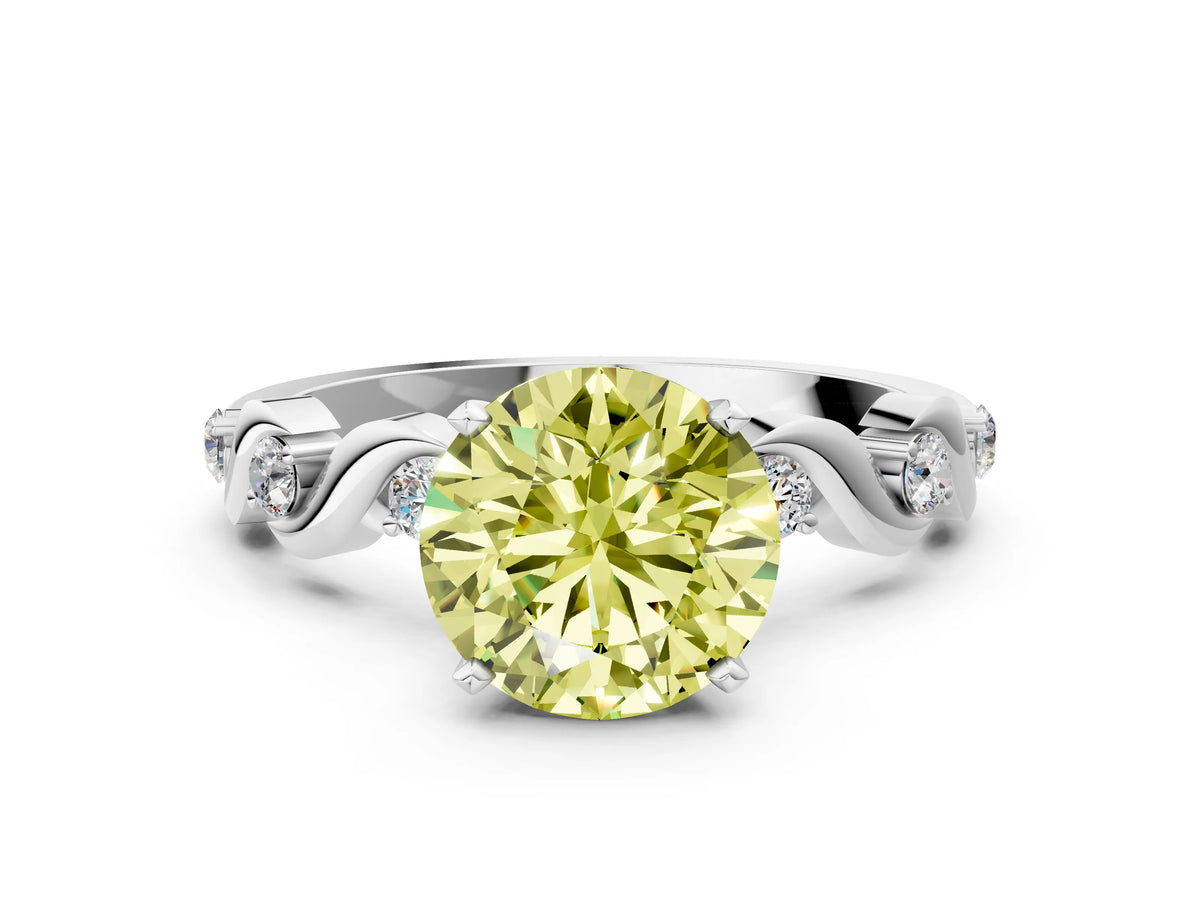 Fancy Yellow Round Cut Diamond Solitaire Ring in Silver with Twisted Ribbon Band and Round Accents