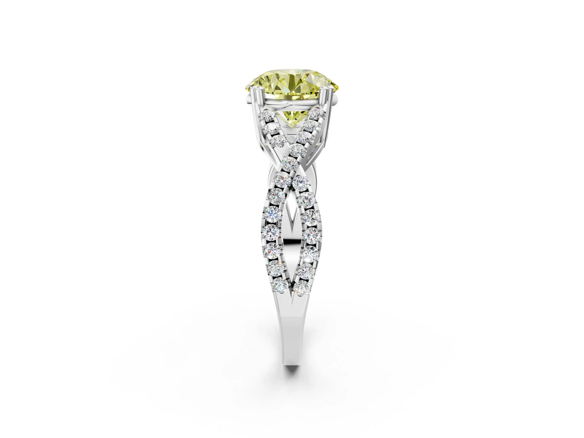 Fancy Yellow Round Cut Diamond Solitaire Ring in White gold with Interwoven Pavé Band and Prong Setting_2
