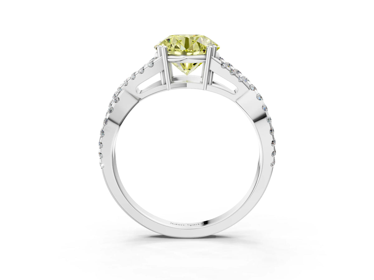 Fancy Yellow Round Cut Diamond Solitaire Ring in White gold with Interwoven Pavé Band and Prong Setting_3