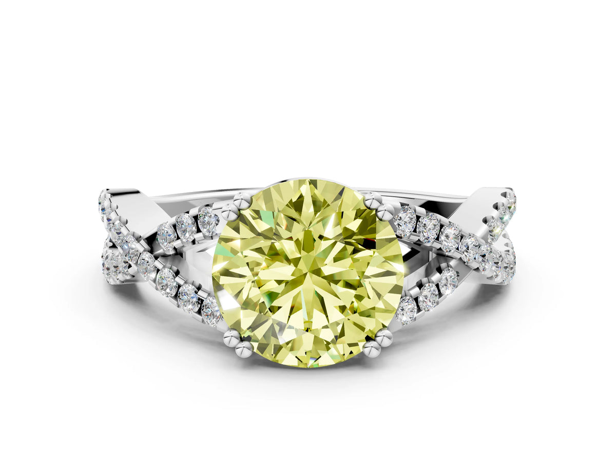 Fancy Yellow Round Cut Diamond Solitaire Ring in White gold with Interwoven Pavé Band and Prong Setting