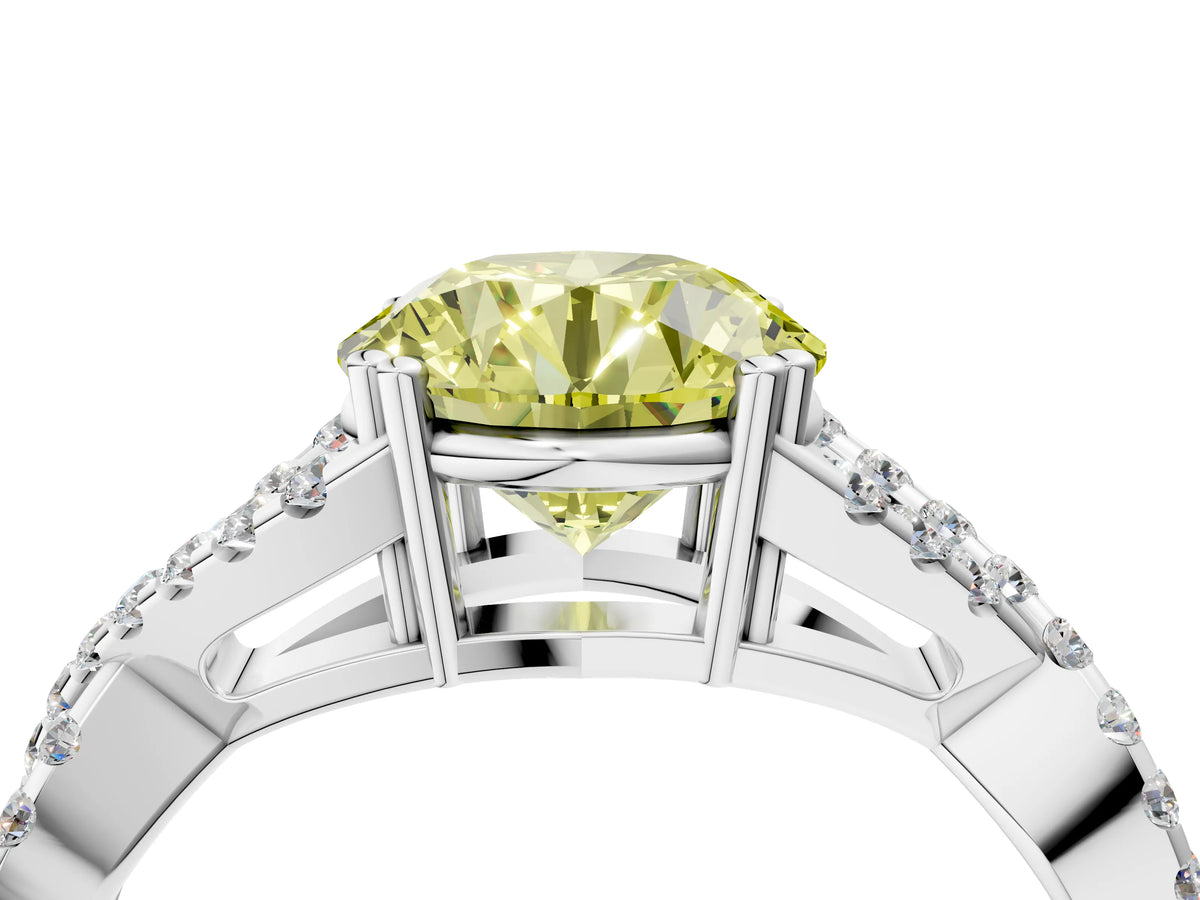 Fancy Yellow Round Cut Diamond Solitaire Ring in White gold with Interwoven Pavé Band and Prong Setting_4