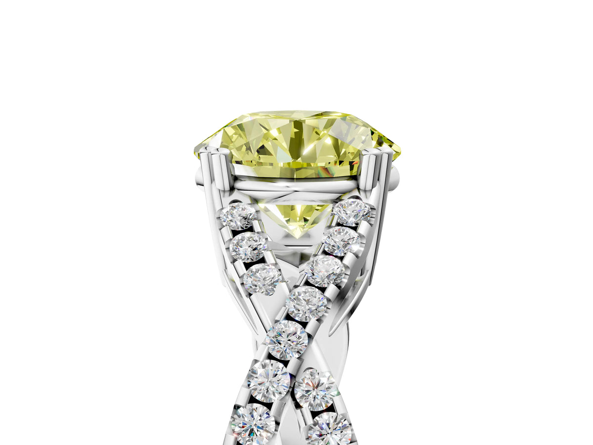 Fancy Yellow Round Cut Diamond Solitaire Ring in White gold with Interwoven Pavé Band and Prong Setting_5