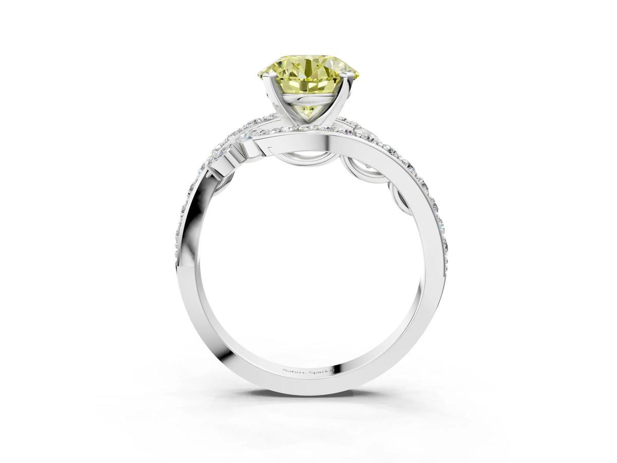Fancy Yellow Round Cut Diamond Solitaire Ring in White gold with Pavé Twist Band and Prong Setting_3