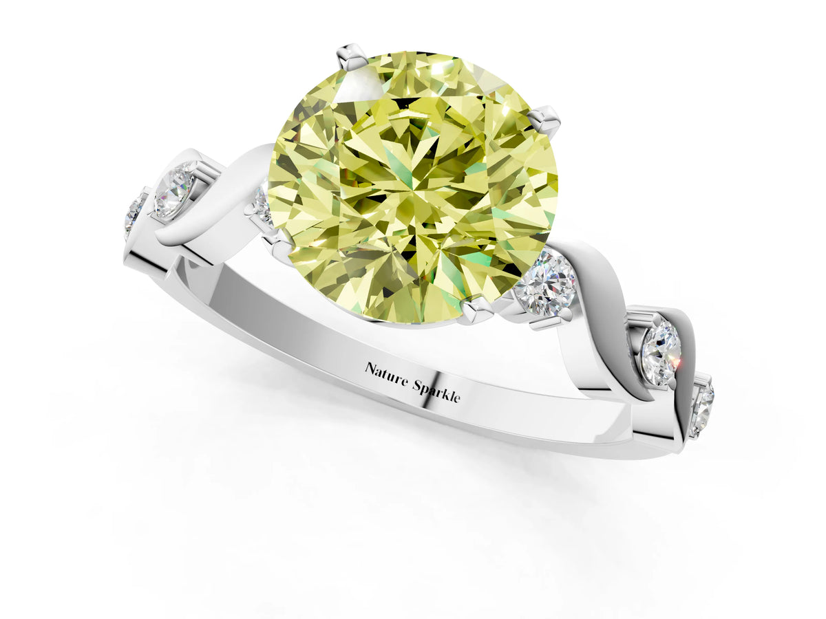 Fancy Yellow Round Cut Diamond Solitaire Ring in White gold with Twisted Ribbon Band and Round Accents_1