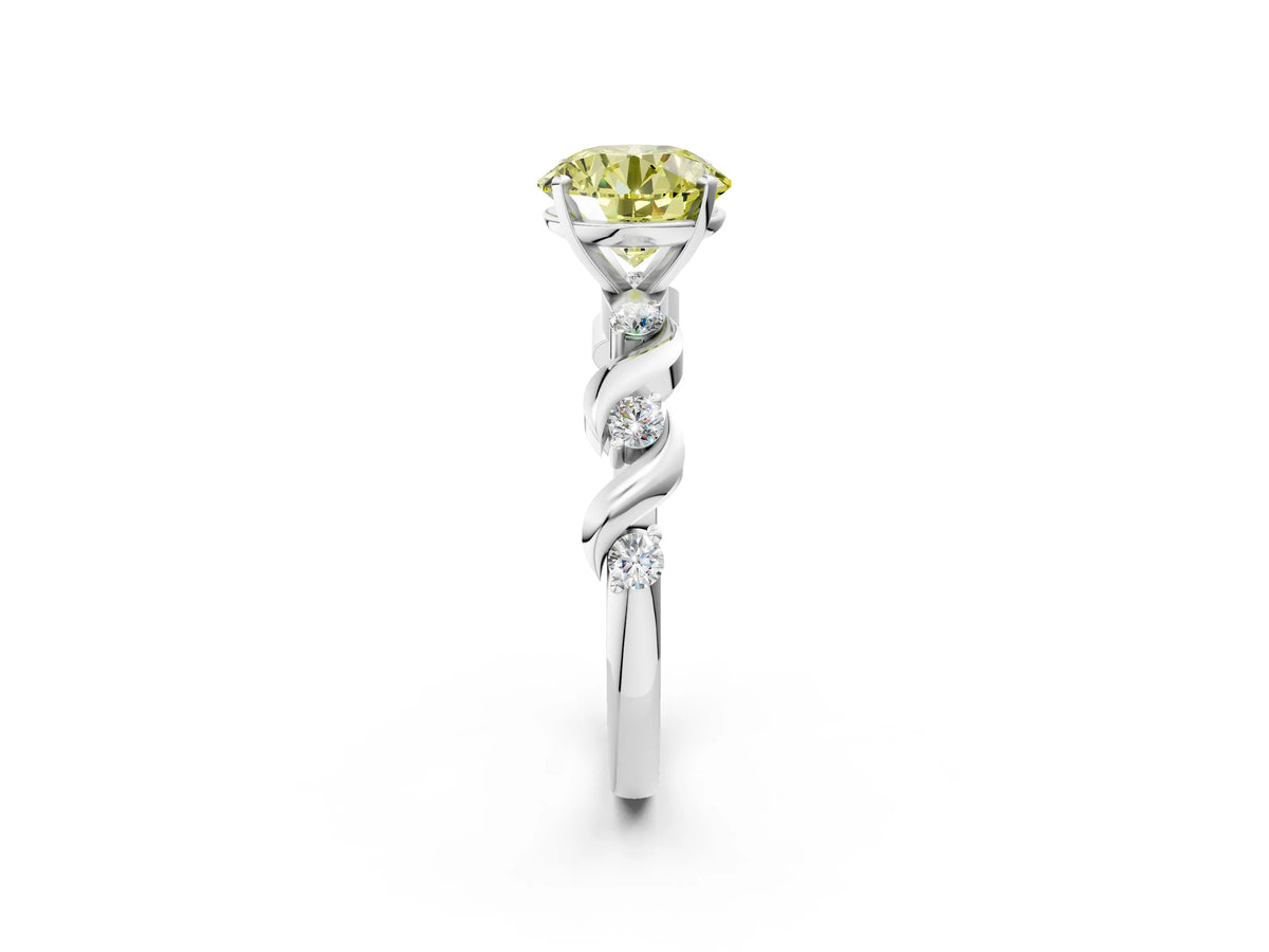 Fancy Yellow Round Cut Diamond Solitaire Ring in White gold with Twisted Ribbon Band and Round Accents_2