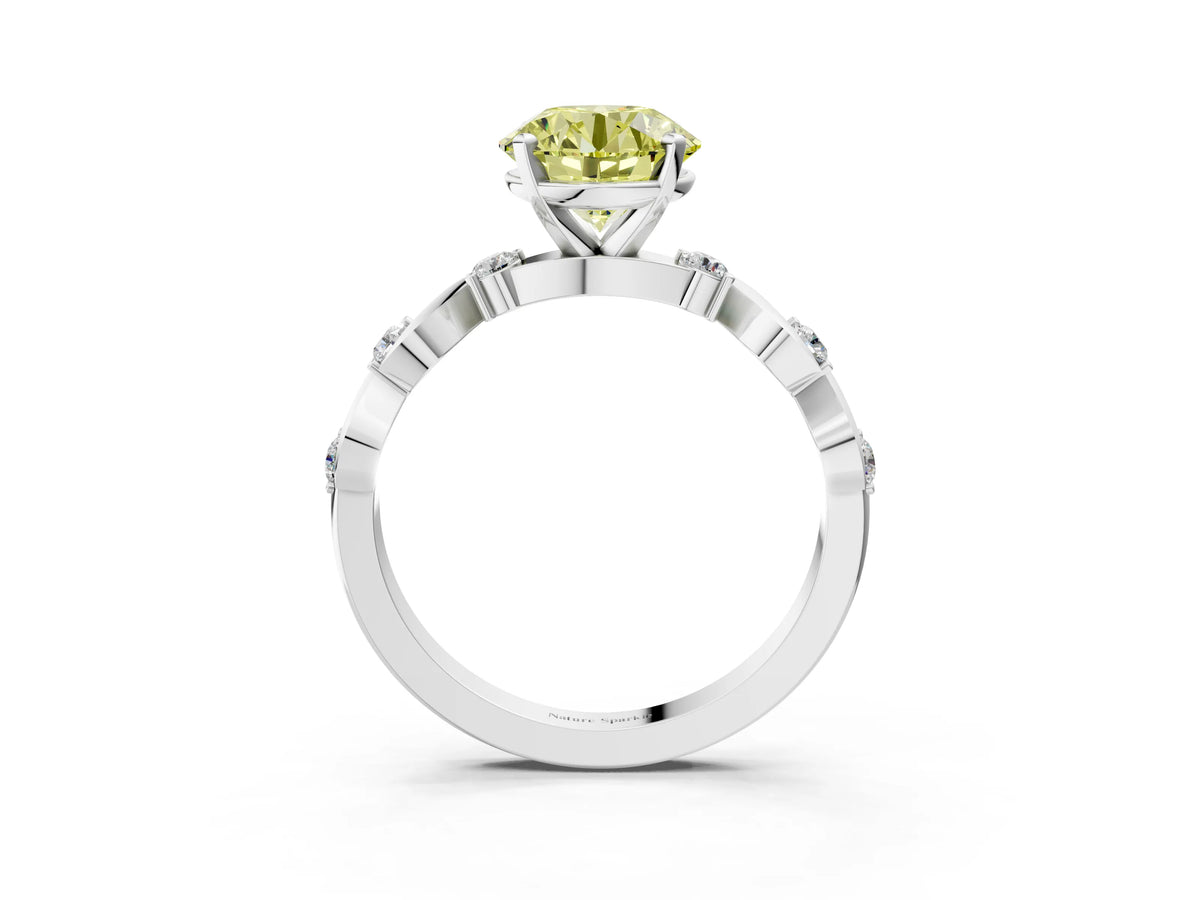 Fancy Yellow Round Cut Diamond Solitaire Ring in White gold with Twisted Ribbon Band and Round Accents_3