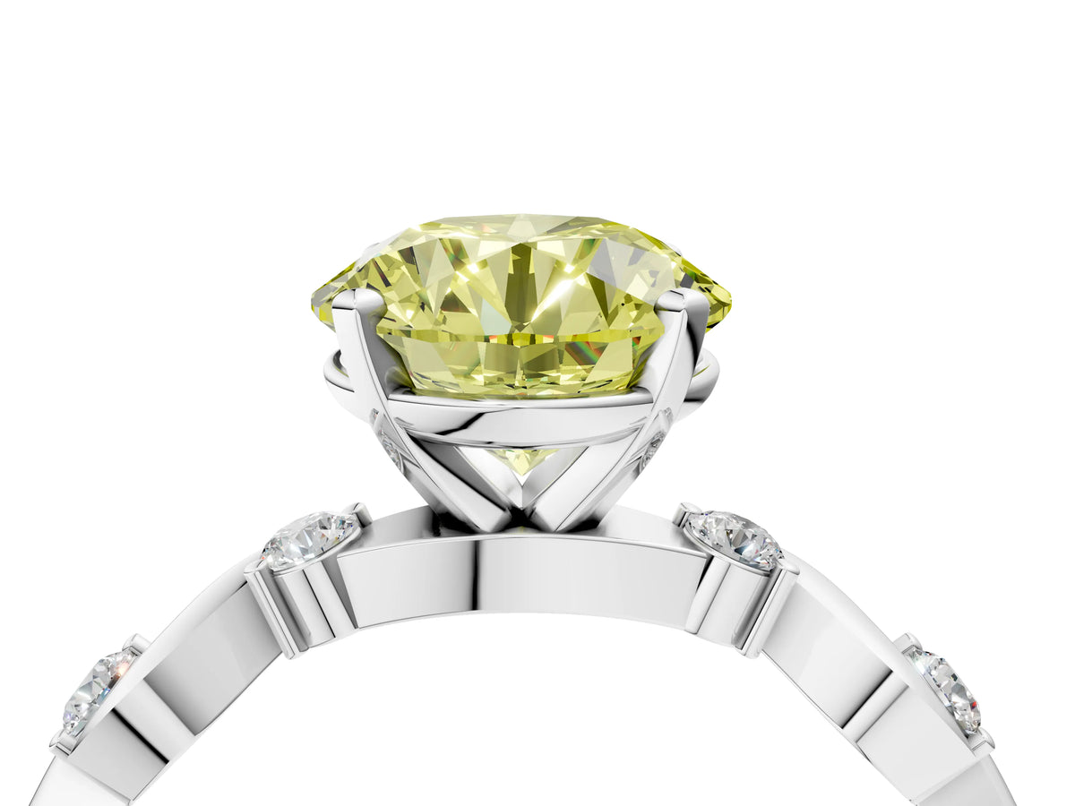 Fancy Yellow Round Cut Diamond Solitaire Ring in White gold with Twisted Ribbon Band and Round Accents_4
