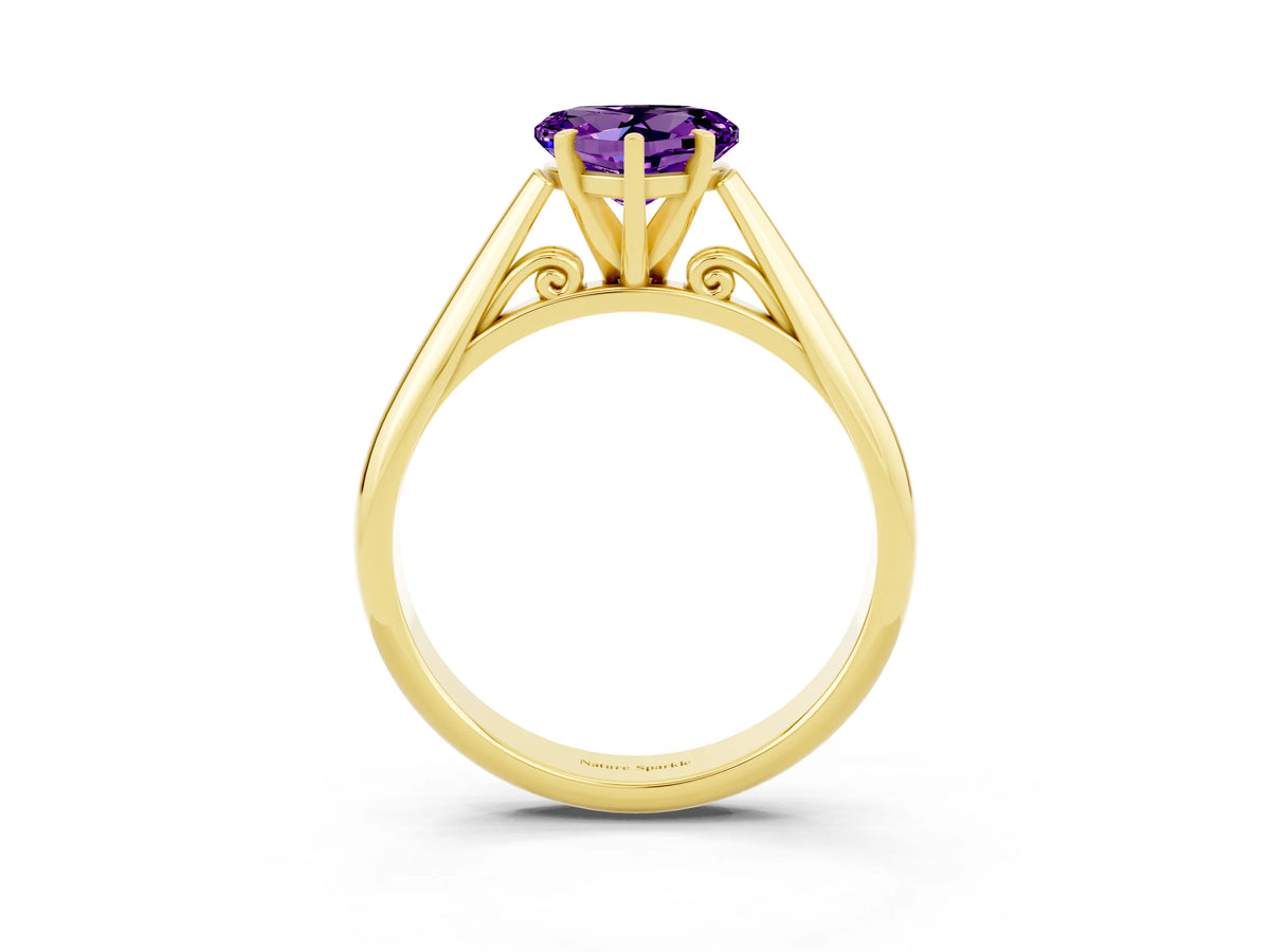 Heart Cut Amethyst Cathedral Solitaire Engagement Ring in Yellow gold with Prong Setting_3