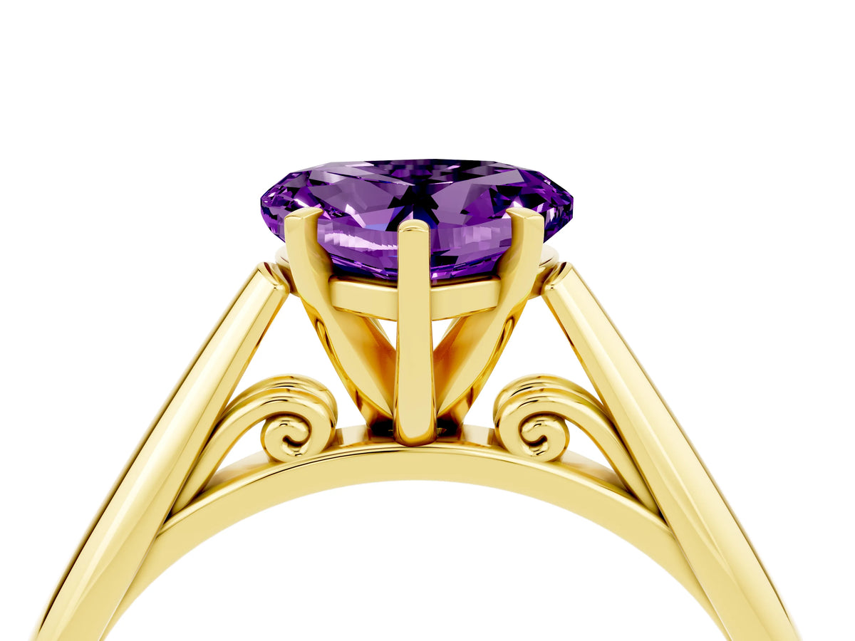 Heart Cut Amethyst Cathedral Solitaire Engagement Ring in Yellow gold with Prong Setting_4