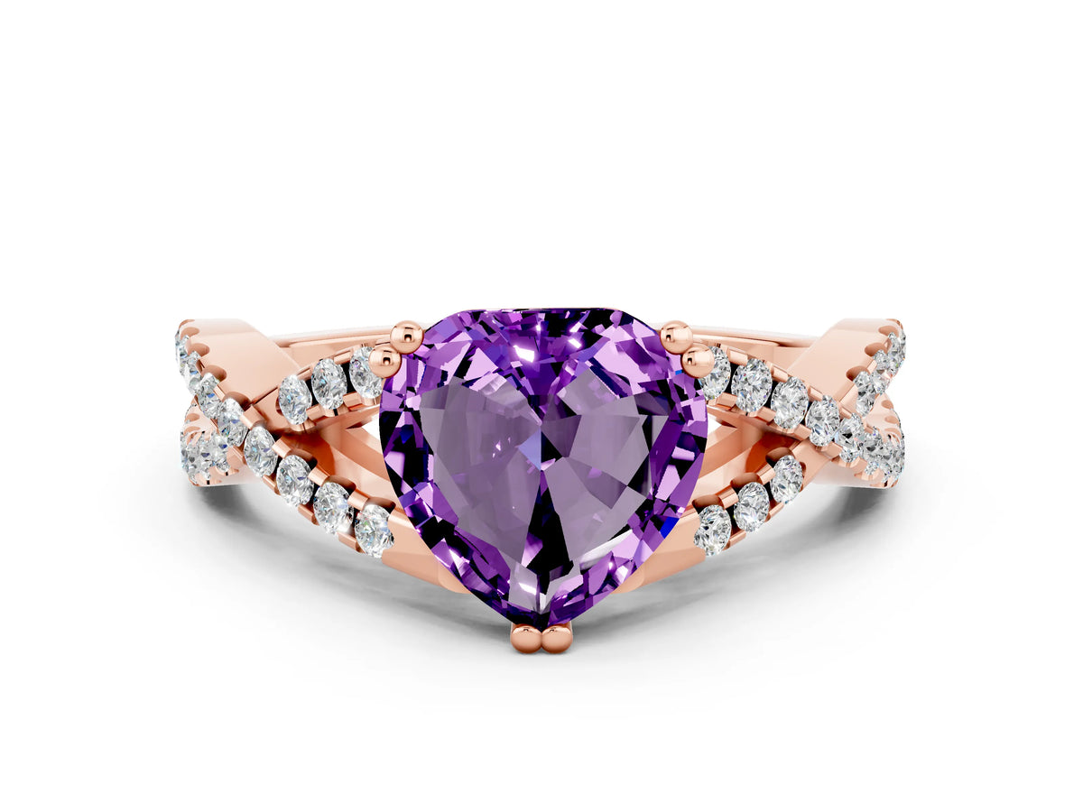 Heart Cut Amethyst Solitaire Ring in Rose gold with Interwoven Pavé Band and Prong Setting