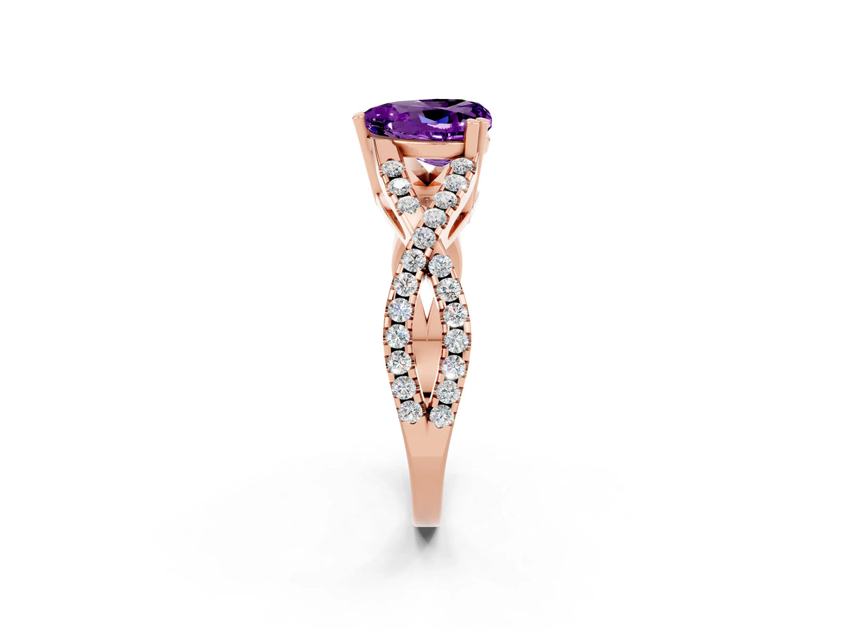Heart Cut Amethyst Solitaire Ring in Rose gold with Interwoven Pavé Band and Prong Setting_2