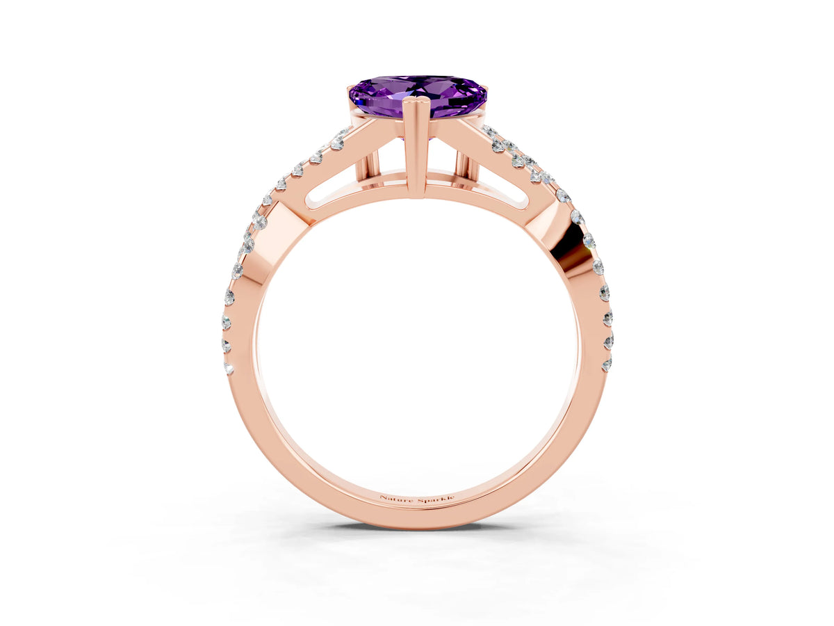 Heart Cut Amethyst Solitaire Ring in Rose gold with Interwoven Pavé Band and Prong Setting_3