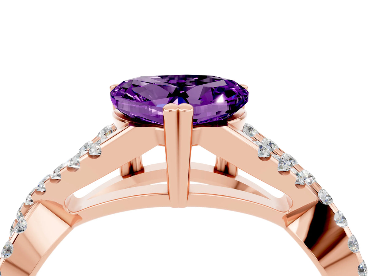 Heart Cut Amethyst Solitaire Ring in Rose gold with Interwoven Pavé Band and Prong Setting_4