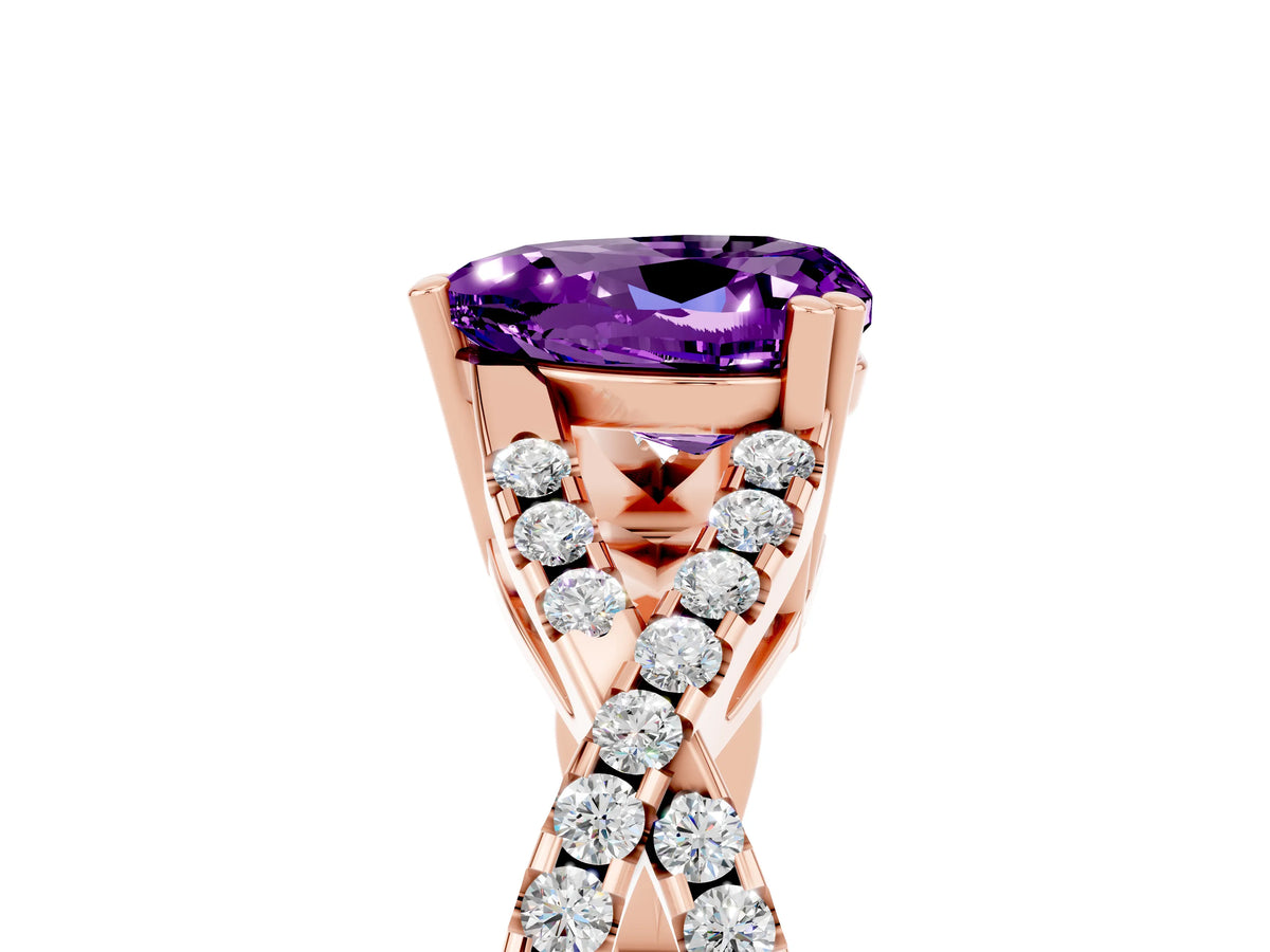 Heart Cut Amethyst Solitaire Ring in Rose gold with Interwoven Pavé Band and Prong Setting_5