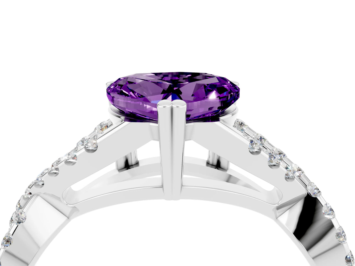 Heart Cut Amethyst Solitaire Ring in Silver with Interwoven Pavé Band and Prong Setting_10