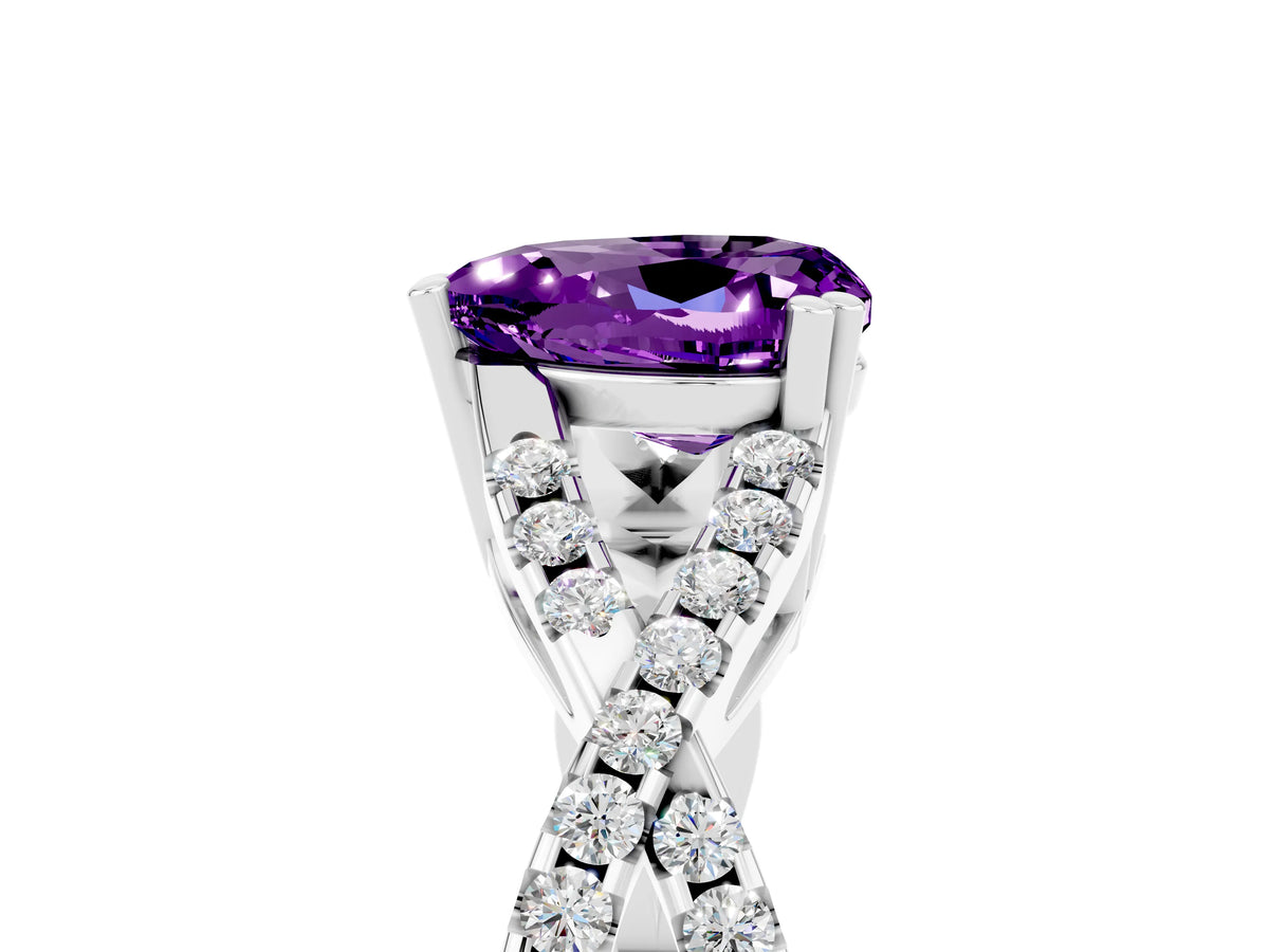 Heart Cut Amethyst Solitaire Ring in Silver with Interwoven Pavé Band and Prong Setting_11